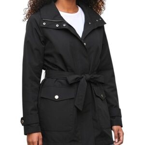 Talbots Belted Trench Coat Mid length Black Lined Full hidden Zip Size L Cinch